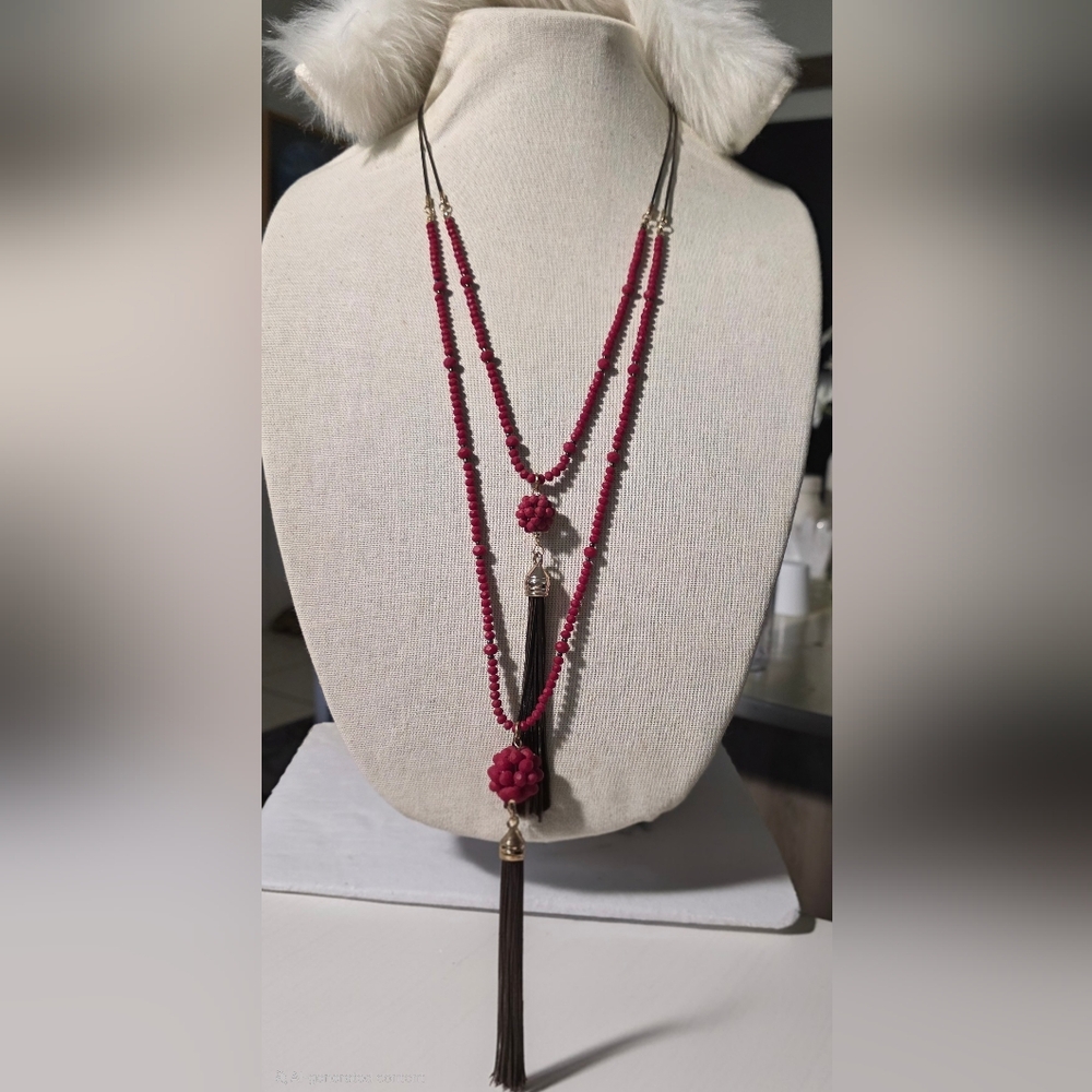 Elegant Red Beaded Necklace with Tassel